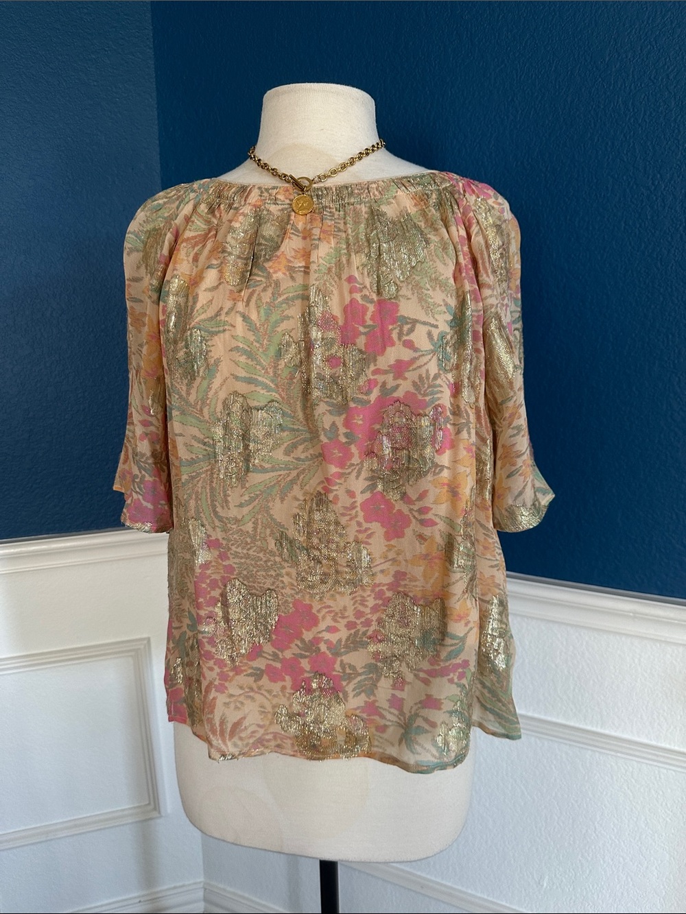 LOFT Pink and Gold Flowy Floral Blouse